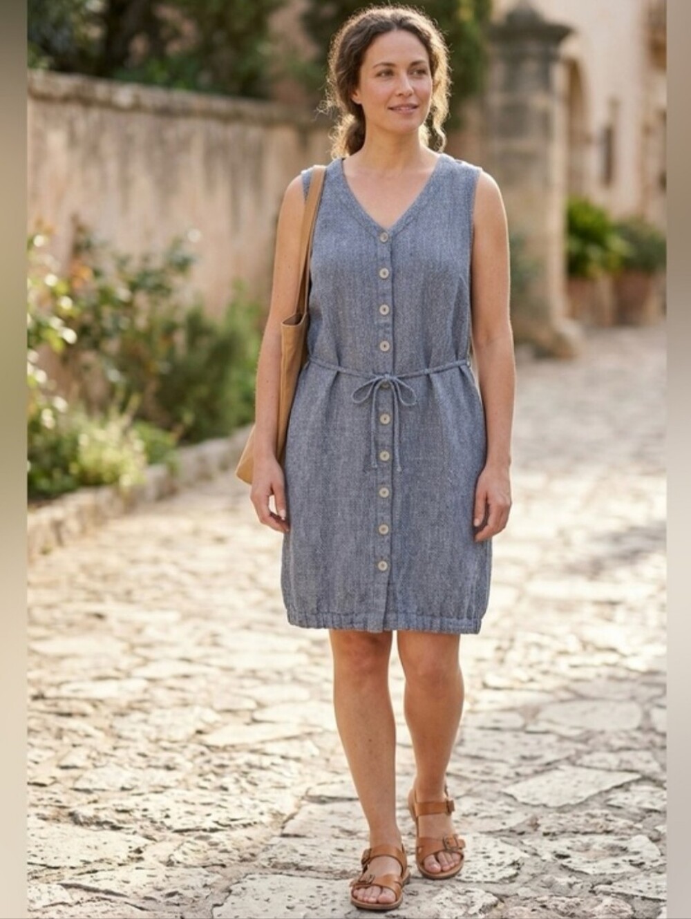 FLAX 100% linen Sleeveless Button-Front BlueDress with Tie Waist Size Medium